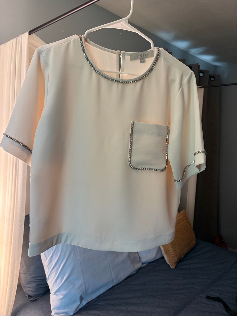 LOFT Ivory Short Sleeve Blouse with Beaded Trim